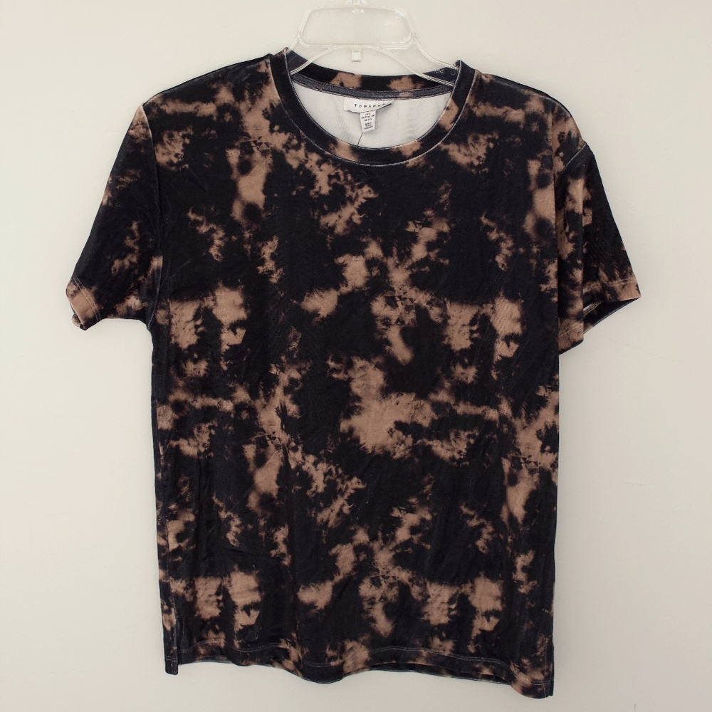 NWT Topshop Velvet Tee Tie Dye Black and Tan Top Retro Inspired Shirt